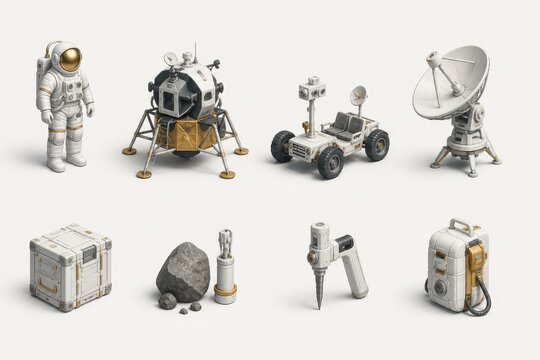 Space mission concept with 3D rendered astronaut lunar lander rover satellite dish and exploration equipment on white background