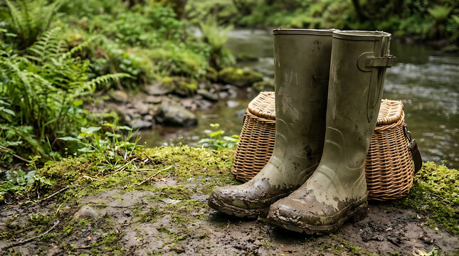 Pair of muddy fishing boots and a wicker creel beside a flowing river in a lush, natural landscape