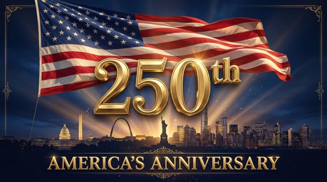 Golden 250th anniversary logo with usa flag and iconic landmarks for commercial marketing