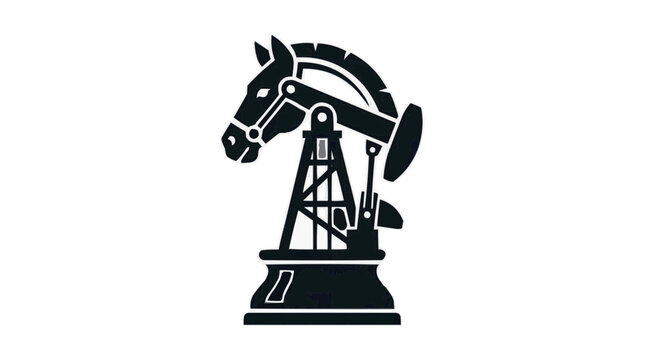 Oil pumpjack shaped as chess knight on baseplate in flat design