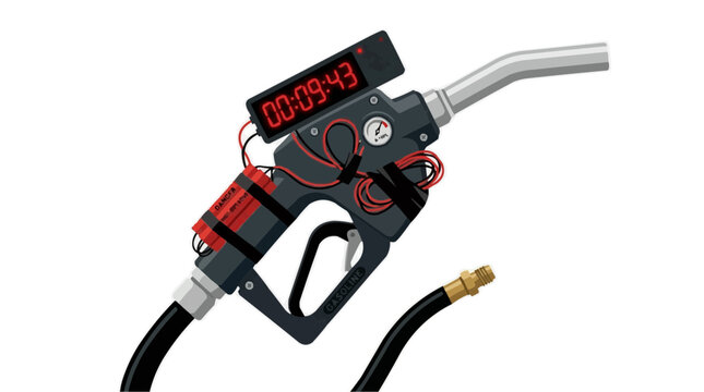 Digital fuel pump nozzle with timer counting down to zero on white background