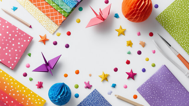 Origami paper craft background with colorful frame, copy space