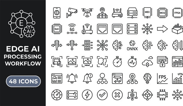 Edge AI Processing Workflow Icon Set with IoT Devices Neural Inference and Embedded Automation Vector Illustration