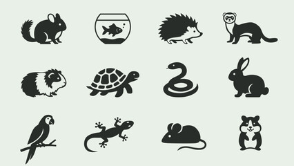 Obraz premium Small pets and exotic animals black icons set vector illustration.