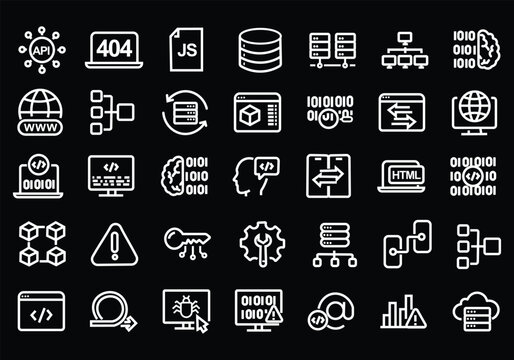 Programming and Coding web icons in line style. Software, development, legal, cloud computing, programmer, data, collection. Vector illustration.