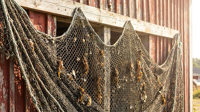 Weathered Fishing Net Drying Against Rustic Wooden Wall in Sunlight