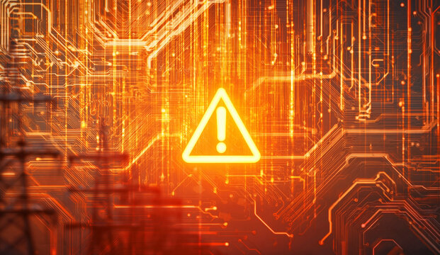 Glowing yellow warning triangle icon positioned over an abstract digital circuit board representing critical system failure and cyber security threats