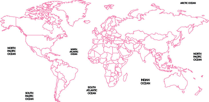 Pink Outline World Map with Country Borders and City Labels