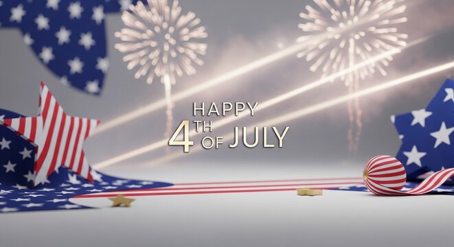 Happy 4th of July patriotic celebration with fireworks and American flag stars and stripes elements in a studio setting with soft lighting and a neutral background, festive holiday theme