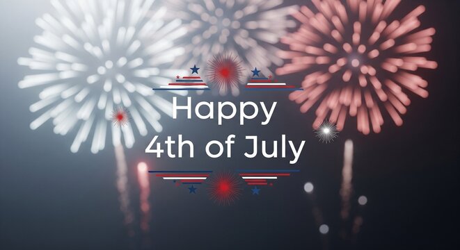 Happy 4th of July text overlay with patriotic red white and blue fireworks exploding in a dark night sky celebration graphic
