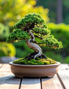 Twisted juniper bonsai tree in a brown pot on a wooden surface