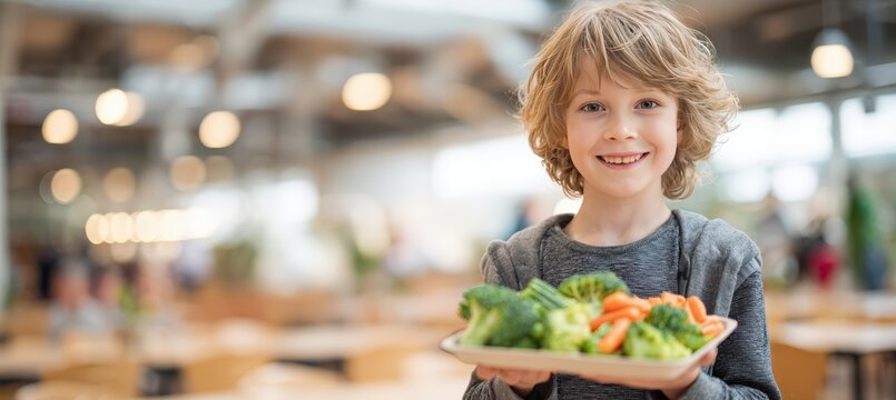 Young kid holding plate of mixed vegetables and healthy sides in spacious school lunch hall