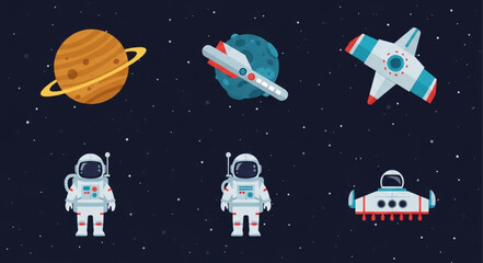 Astronauts Spaceships Planets and UFOs in Outer Space. © yanto