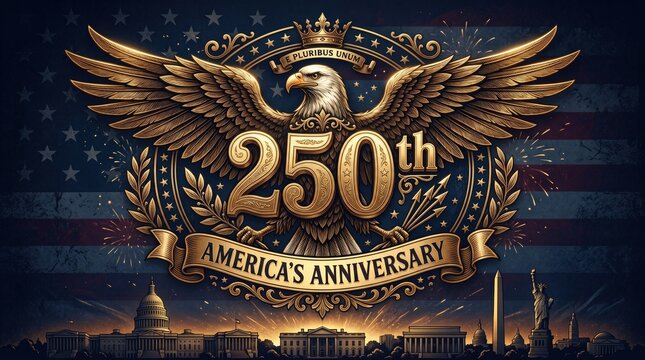 Usa's 250th independence day anniversary logo with american flag and patriotic landmarks for commercial use.