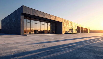 Fototapeta premium Modern concrete building with large glass windows and long shadows