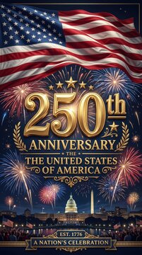 Vibrant illustration of usa 250th anniversary logo with landmarks and soaring fireworks display