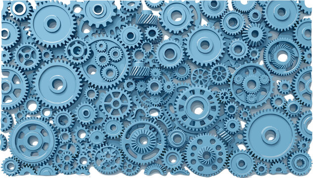 Mechanical Gear Background Featuring Interlocking Blue Cogwheels and Industrial Machine Parts in Detailed Vector Style