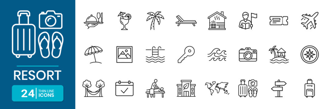 Resort Hotel And Accommodation Thin Line Icon Set