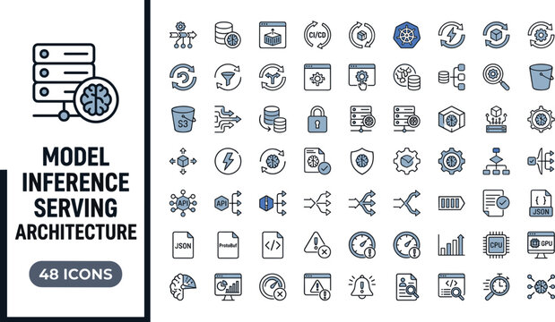 Model Inference Serving Architecture Icon Set with API Deployment Kubernetes Monitoring and Scalable AI Infrastructure Vector Illustration