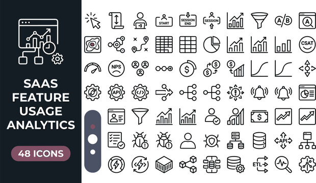 SaaS Feature Usage Analytics Icon Set with Product Metrics User Behavior Tracking and Dashboard Workflow Vector Illustration