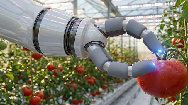 Precision robotic arm with sensor grip harvesting a single fresh red tomato for agricultural production
