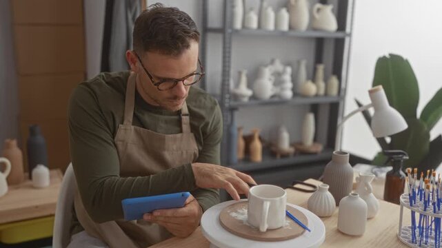 Man potter in studio holds stylus and taps tablet while seated at a worktable surrounded by unfinished pottery and a mug; concentration craftsmanship.