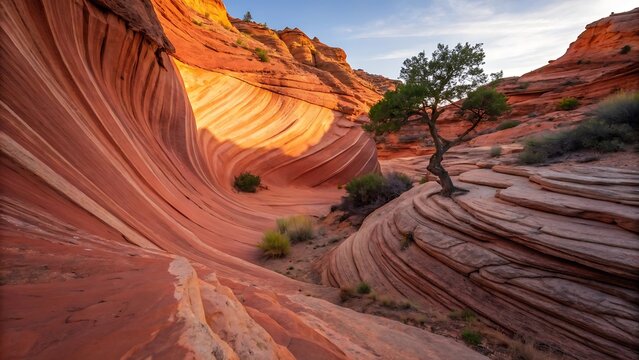 Dramatic canyon wall with swirling red rock patterns and shadows, utah landscape red rock formations