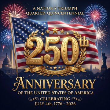 Vibrant illustration for america's 250th independence day with us flag and famous landmarks for commercial licensing.