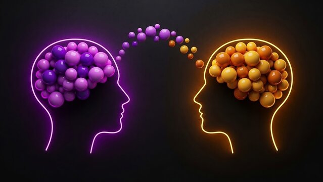 Abstract Illustration of Knowledge Sharing and Communication Between Two Glowing Minds