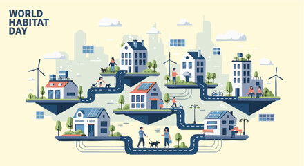Obraz premium Sustainable eco friendly houses in futuristic cityscape with green spaces and renewable energy sources in vibrant colorful illustration for World Habitat Day