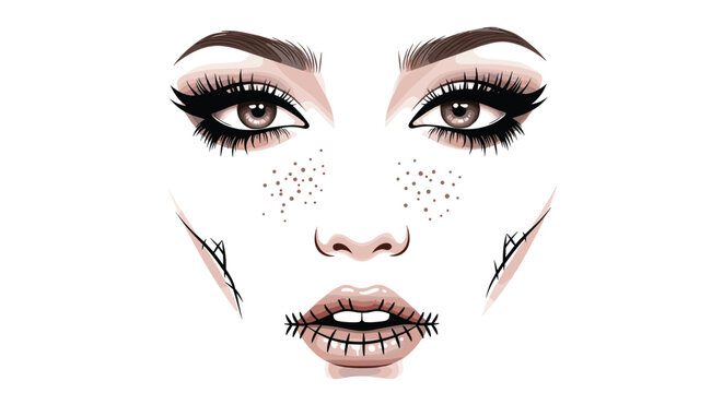 Dramatic portrait of a woman's face with intense eye makeup freckles and stitched lips for a halloween or gothic inspired look.