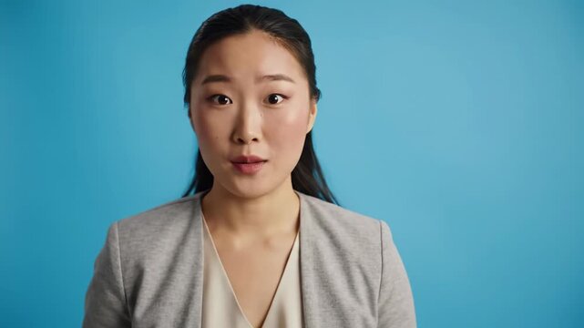 Young adult in neutral business casual has an 'aha moment', eyes widening, on a vibrant blue studio backdrop with bokeh, dolly push-in to face. Concept of clear understanding