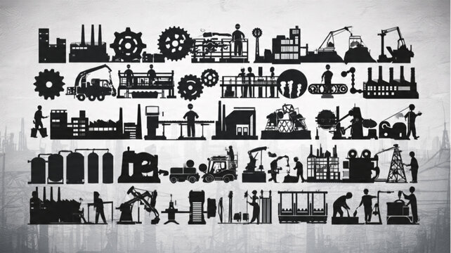 Industrial Factory Machinery And Workers.