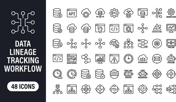 Data Lineage Tracking Workflow Icon Set with ETL Pipeline Monitoring Cloud Database and Architecture Vector Illustration