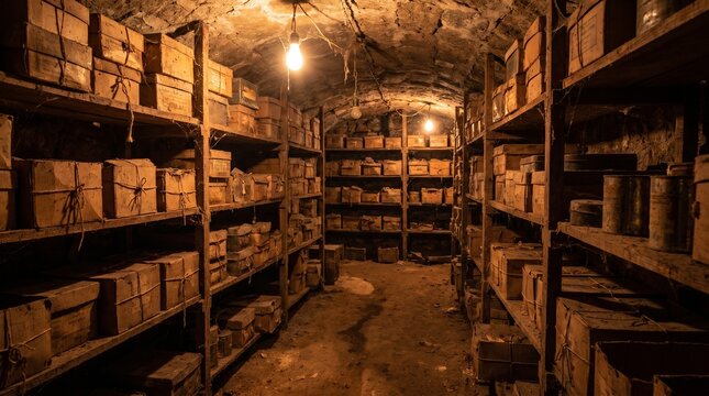 Mysterious dark vintage library archive room 
with warm lantern light and wooden shelves