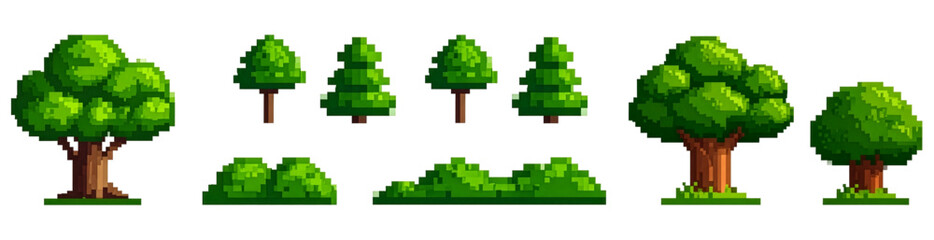 Fototapeta premium Banner Retro set Pixel art tree set, bushes, grasses and fir trees 8 bit video game nature asset Isolated vector design.