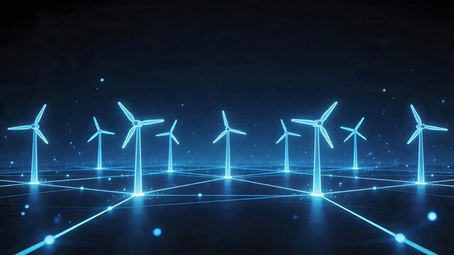 Wind turbines in glowing blue light