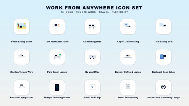 Icon set for remote work and travel flexibility Vector