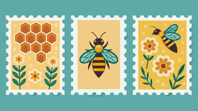 Vintage postage stamps with bumblebee and honey botanical illustrations