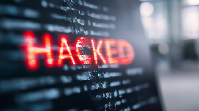 Red HACKED text with digital distortion on a monitor, symbolizing cybersecurity vulnerabilities, network intrusion, and privacy risks