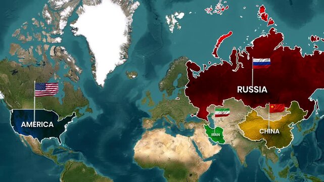 World map showing geopolitical powers with flags Animation
