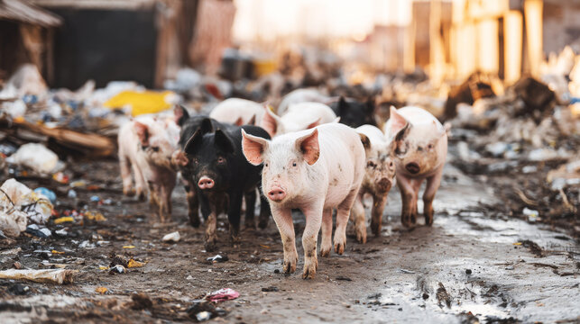 Pigs searching for food in a dirty, polluted environment, highlighting themes of waste, poverty, and survival in challenging conditions