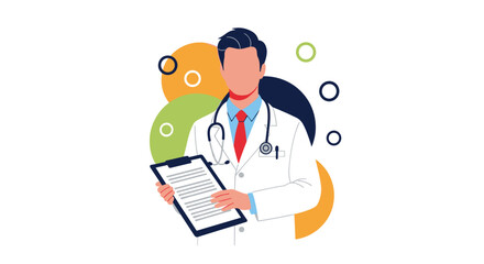 Fototapeta premium Professional male doctor wearing a white lab coat and stethoscope holds a medical clipboard against an abstract background.