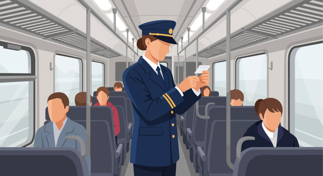 Train conductor checking tickets inside passenger carriage, uniformed staff, public transport