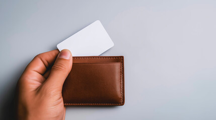 Obraz premium Hand placing a white blank card into a brown leather wallet, representing financial transactions, banking, and smart money management