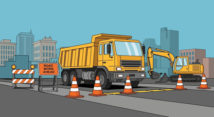 Construction site with dump truck, excavator, and road work signs in city © fiyan