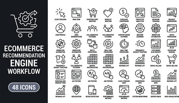 Ecommerce Recommendation Engine Workflow Icon Set with Personalized Shopping Analytics Product Filtering and Conversion Optimization Vector Illustration