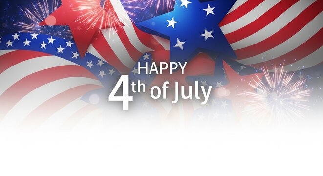 Happy 4th of July greeting with American flag elements, stars, and fireworks in a festive patriotic celebration design, abstract background with copy space