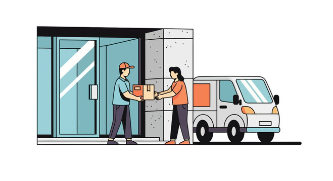 Delivery driver hands package to customer outside building with van