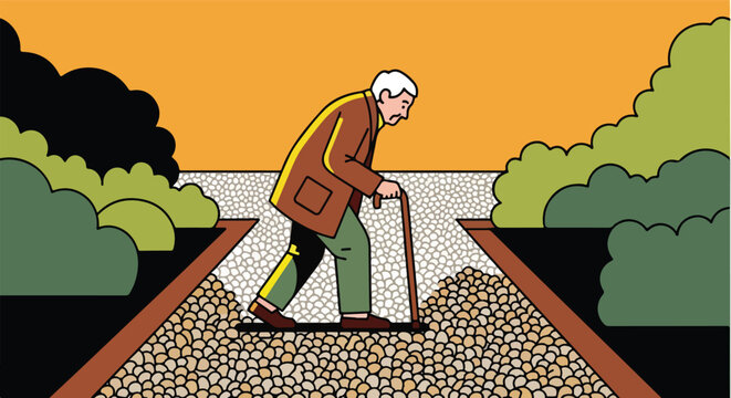 Elderly man with cane walking on a pebble path between green bushes against orange sky